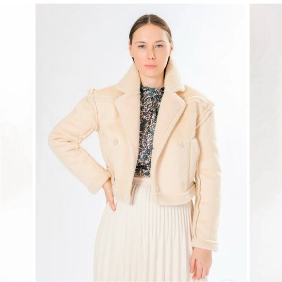 Area Stars Aurora Bomber Jacket Faux Suede Shearling Crop Boho Ivory Size M NEW - Picture 2 of 15